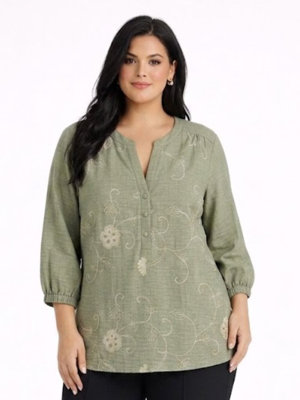 New York Clothing Company, Olive Green Floral Embroidered Henley Tunic